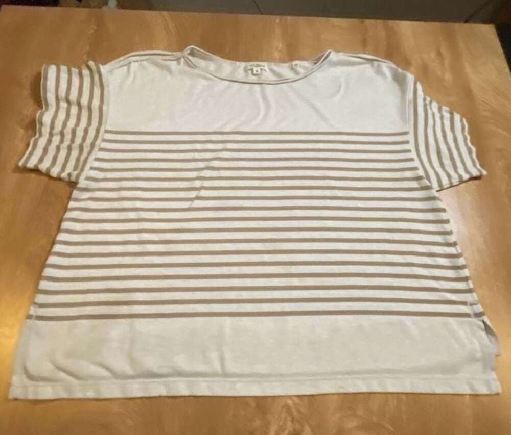 Max Studio London Women's Striped Boatneck Short Sleeve Top Cream and Tan